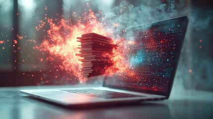 A full-color, detailed image of a laptop on a strictly white background, with a stack of books floating in mid-air, AI Generative