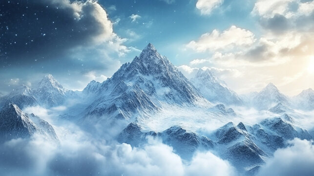 mountain peak shrouded in fog and white tiny clouds, Midnight at the Top of the Mountains with natural fog, A Captivating Landscape of Nature of mountain. mountain peak rises above with natural style.
