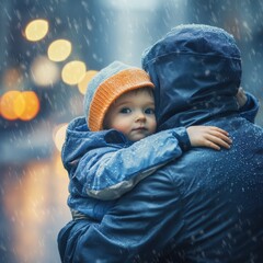 Child in Coat Protecting from Rain in City Landscape