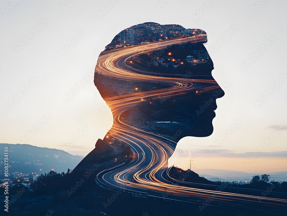 Poster artistic double exposure portrait with cityscape and light trails, symbolizing connection between hu