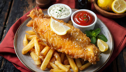 The Queen’s Fish Fry - London Chippy Delight - Proper Chippy Special - Crisp & Cod Classic - Britain’s Golden Bite. Ai Generated