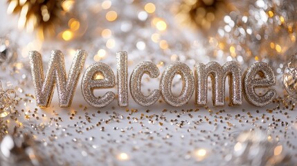 Sparkling Welcome Sign in Gold and Silver Glitter with Beautiful Bokeh Background for Festive Greetings or Celebrations