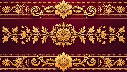 A seamless pattern featuring Victorian ornamental borders with intricate acanthus leaf and floral motifs, in shades of deep vinous and gold 
