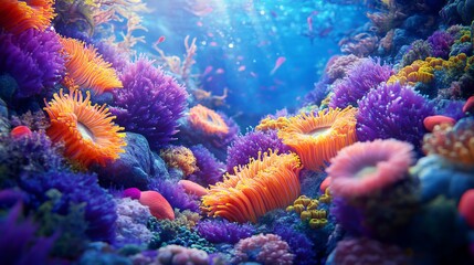 Vibrant Coral Reef with Glowing Anemones and Sea Lions in a Cinematic Underwater Scene, AI generated illustration