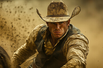 A rugged cowboy displays determination while competing in a dusty arena