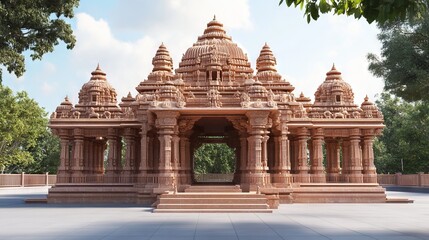 Fototapeta premium Hindu Temple Exterior with Red Sandstone Walls and Large Spires, AI generated illustration
