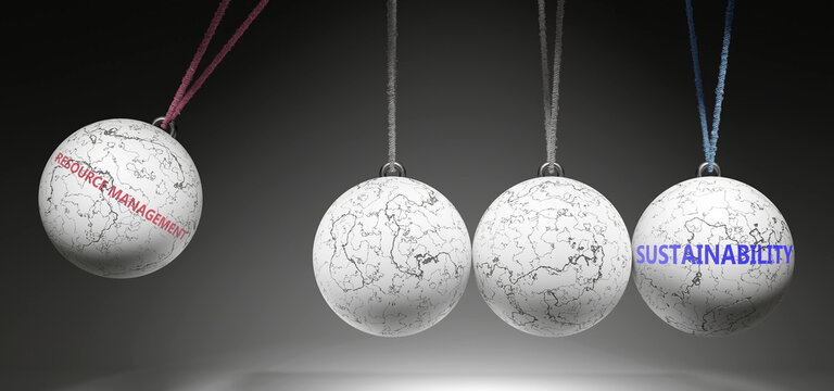 Resource Management and Sustainability - cause and effect relationship. A Newton cradle metaphor. ,3d illustration