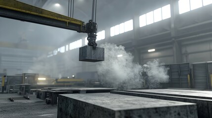 Industrial Steel Factory with Robotic Arm Gripping Heavy Parts - Gritty Atmosphere Thick Smoke and Intense Lighting Showcase Advanced Automation in Manufacturing