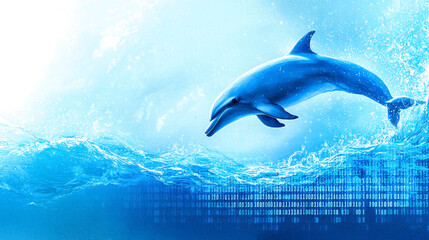 Fototapeta premium A playful dolphin gracefully swimming through blue water, capturing the beauty of marine life.