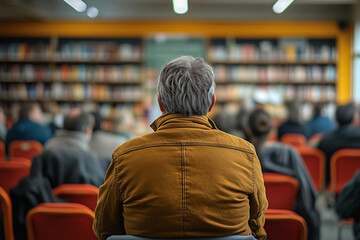 Author engaging with audience during a book signing event in a cozy library