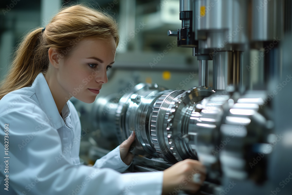 Poster Female engineer inspects complex machine part during routine check