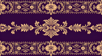 A seamless pattern featuring Victorian ornamental borders with intricate acanthus leaf and floral motifs, in shades of deep purple and gold 