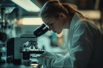 Focused female engineer examines specimen under microscope in laboratory setting