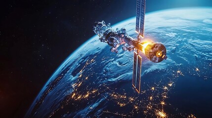 Astronauts Repairing Satellite with Futuristic Holographic Tools in Orbiting Space Station