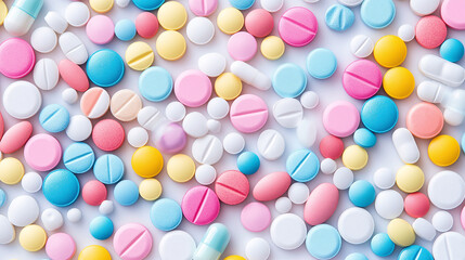 Colorful Pills and Tablets on White Background Pharmacy Healthcare Medication Concept