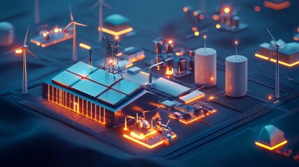 Futuristic Clean Energy Plant Powered by Glowing Solar Panels and Wind Turbines with Smart Grid Management
