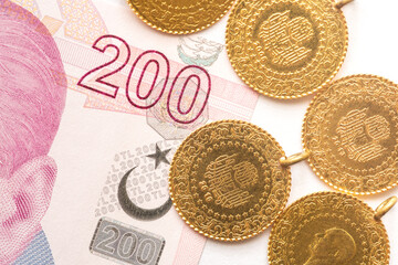 Quarter gold (Turkish gold) and Turkish money banknote