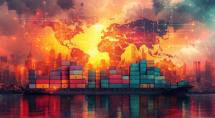 Network digital world map bustling container port with digital connections representing global transportation and shipment networks