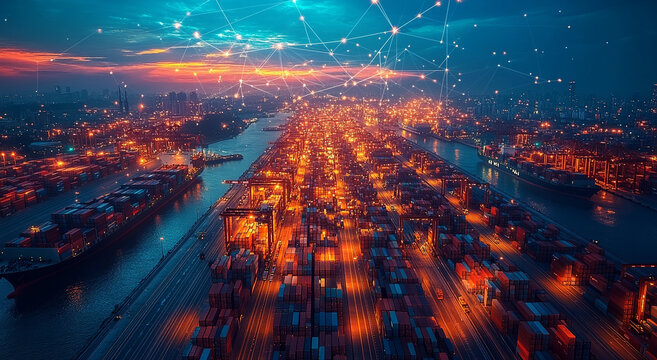Network digital world map bustling container port with digital connections representing global transportation and shipment networks - Powered by Adobe