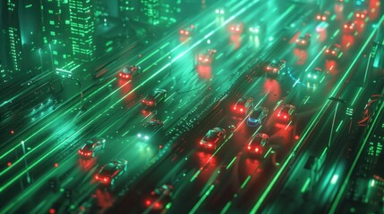 Futuristic city with glowing green roads and red cars at night.
