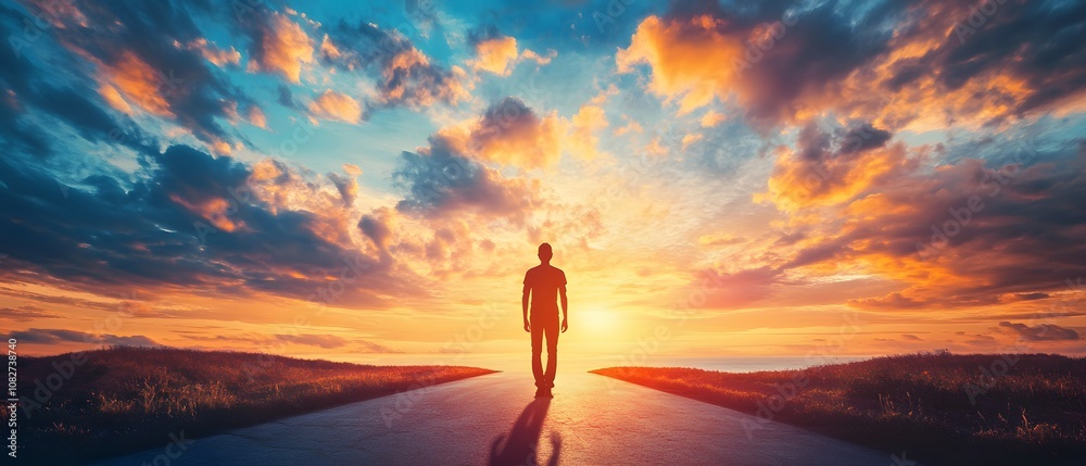 Poster a person standing alone on a pathway gazing at a vibrant sunset with colorful clouds and a peaceful 