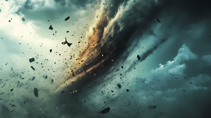 Fototapeta premium A dramatic scene of a powerful storm with debris flying through the air, creating a sense of chaos and destruction. Whirlwind. Illustration
