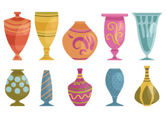 Colorful vases with ornaments different collection isolated on white background.