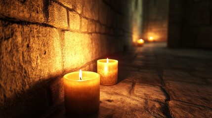 Warm candle lamps create a peaceful ambiance, casting gentle shadows on historic stone surfaces