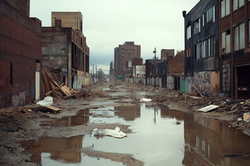 Post-Flood City Streets with Debris and Waterlogged Structures