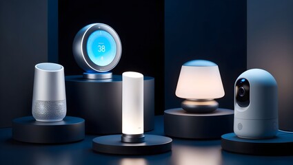Smart Home Gadgets on Display with High-Tech Features - Innovative smart home devices, including lighting, thermostats, and security cameras.
