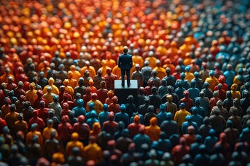 Obraz premium A person standing on top of the podium, speaking to an audience made up entirely of small people figures in different colors