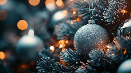 Close-up of a Silver Christmas Ornament Hanging on a Frosted Pine Branch with Warm Lights