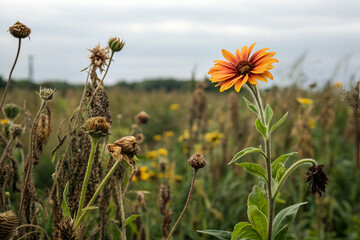 Obraz premium A vibrant flower stands out amidst a field of wilted plants under a cloudy sky, showcasing nature's resilience and beauty.