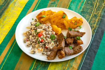 Traditional rustic tropical Brazilian dish, sun-dried beef with green beans, cassava, biquinho pepper. Creative rustic photography
