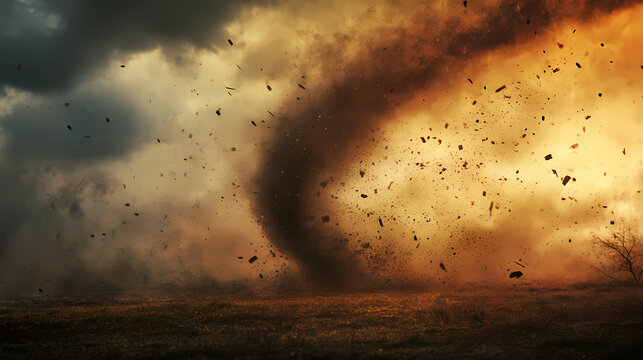 A powerful dust devil swirls across a field, kicking up debris and dirt. Whirlwind. Illustration