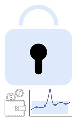 Obraz premium Padlock wallet with coins and financial graph combine themes of security finance, investment, analysis, protection, digital assets. Ideal for fintech, cybersecurity, investment advice, digital