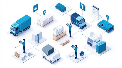 Fototapeta premium A colorful illustration depicting various delivery vehicles, workers, and logistics elements, highlighting the theme of transportation and supply chain management.
