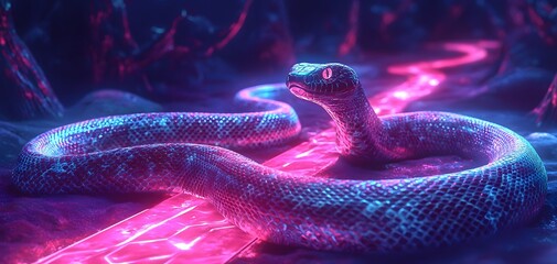 Fototapeta premium A vibrant, glowing snake slithers through a neon forest of colorful lights.