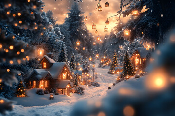 Enchanting winter village with glowing cottages and lanterns at sunset