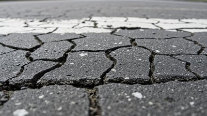 Obraz premium Close-up of weathered asphalt texture with cracks and imperfections, close-up, textured, street