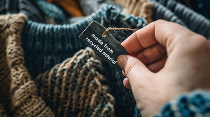 Person examining a sustainable tag on eco-friendly clothing.
