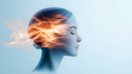 Obraz premium Woman with fiery brain, mental health concept, thinking face, blue background, abstract portrait