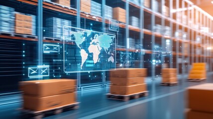 Inventory schedule management concept. A digital warehouse scene with stacked boxes, showcasing a global map and automated logistics technology for efficient inventory management.