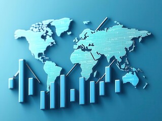 Global stock growth, world map with rising charts, interconnected economy, 3D illustration