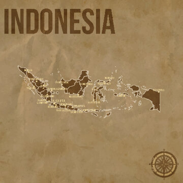 Vintage INDONESIA Map with Regions Borders and Major Cities Positions