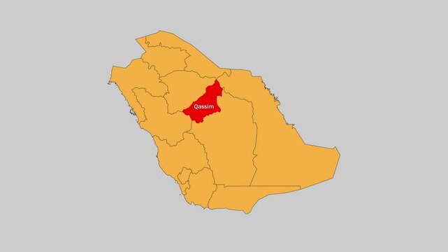 Qassim map animated video. The location is highlighted on the Saudi Arabia map. Colour map with Gray background in video format.	
