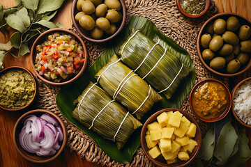 Vista aérea de tamales tradicionales y aderezos coloridos sobre una tela tejida, mostrando una presentación culinaria cálida y auténtica