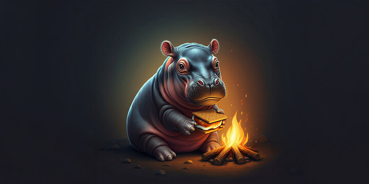 Baby Hippo Hippopotamus Eating Smores by a Camp Fire, Camping Food, Chocolate, Graham Cracker, & Marshmallow, Cute Adorable Funny Animal Image