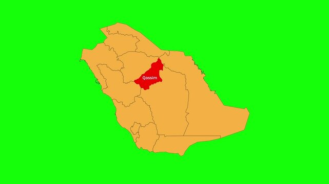Qassim map animated video. The location is highlighted on the Saudi Arabia map. Colour map with Green screen background in video format.	
