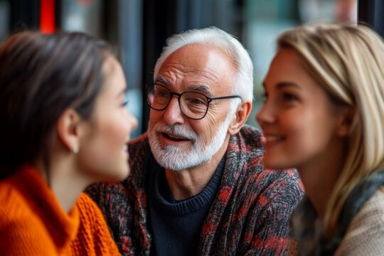 A warm gathering of generations captured in a lively moment. Two young women engage with an older man. The joy of conversation shines through. Generative AI